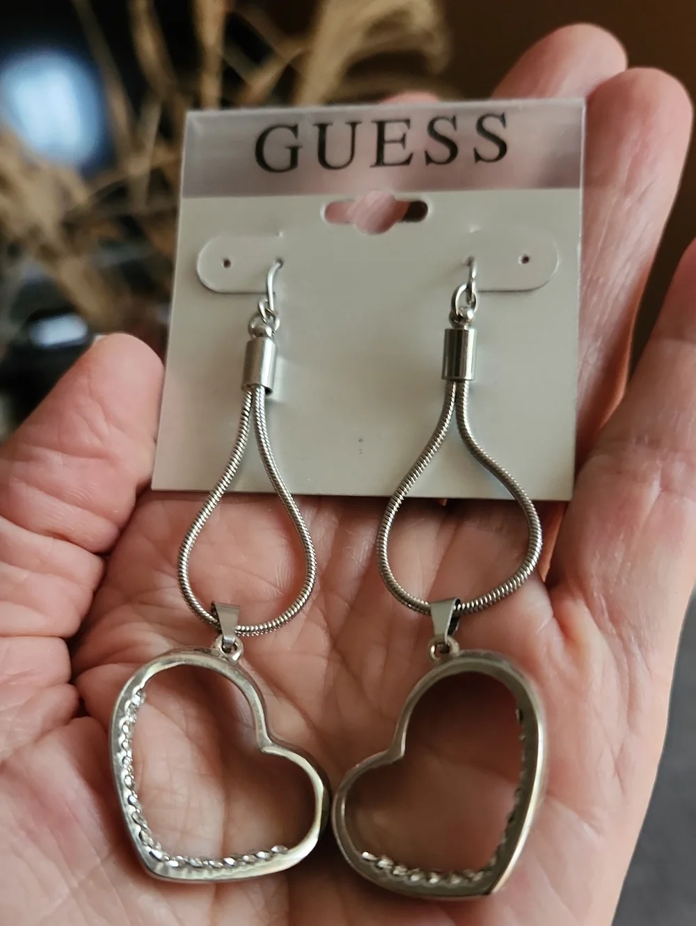 GUESS Silver Open Heart Drop Earrings with Crystals